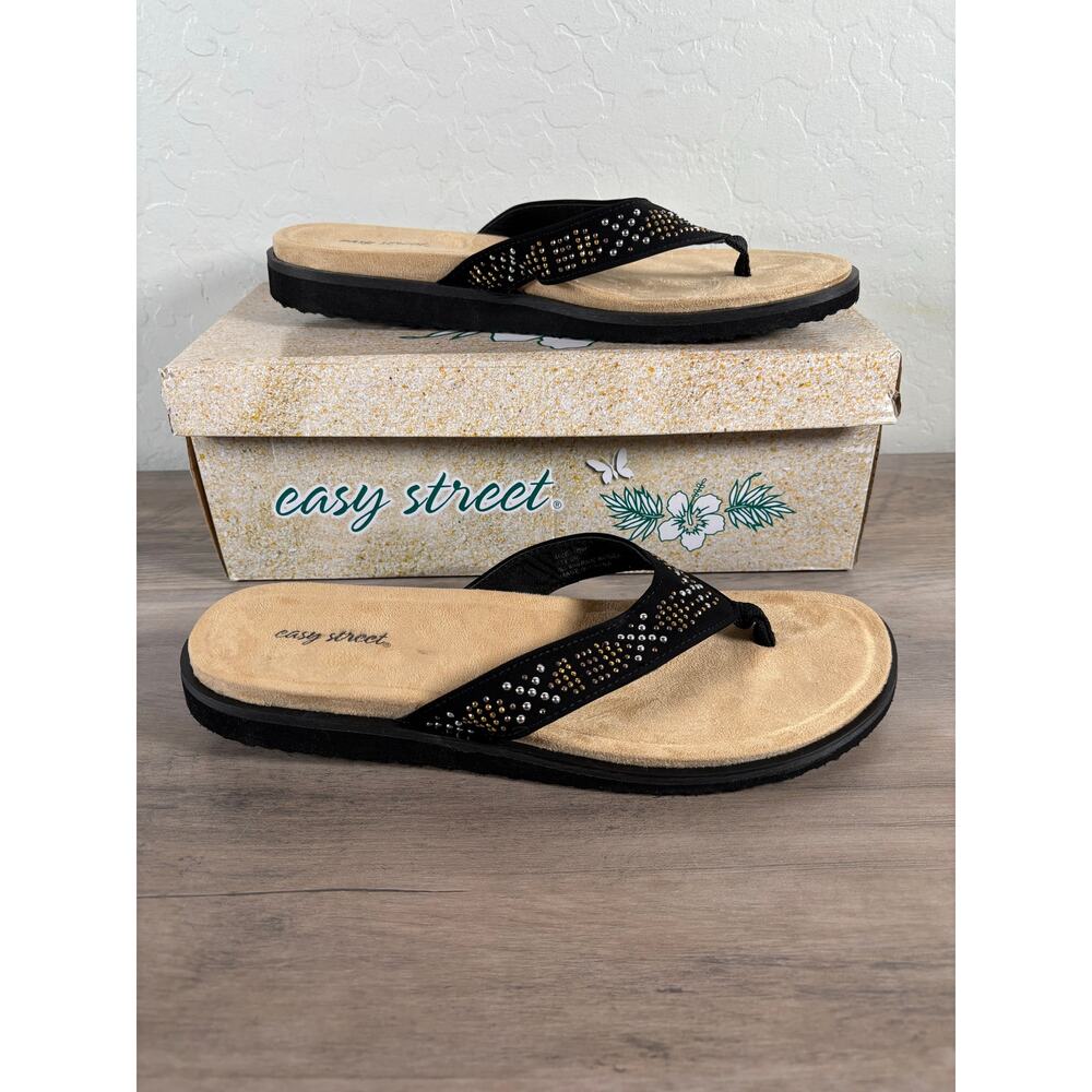 Easy Street Stevie Black with Nailhead Design Women's Size 10 Flip‎ Flop New